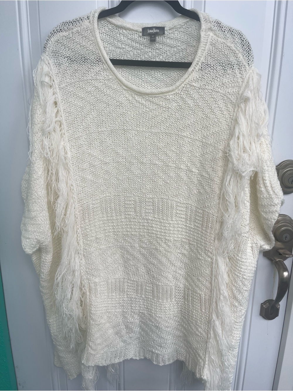 Neiman Marcus Ivory Fringe Open-Knit Crewneck Sweater Oversized